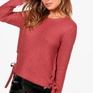 Round Neck Lace Up Sides Ribbed Texture Long Sleeve Sweater